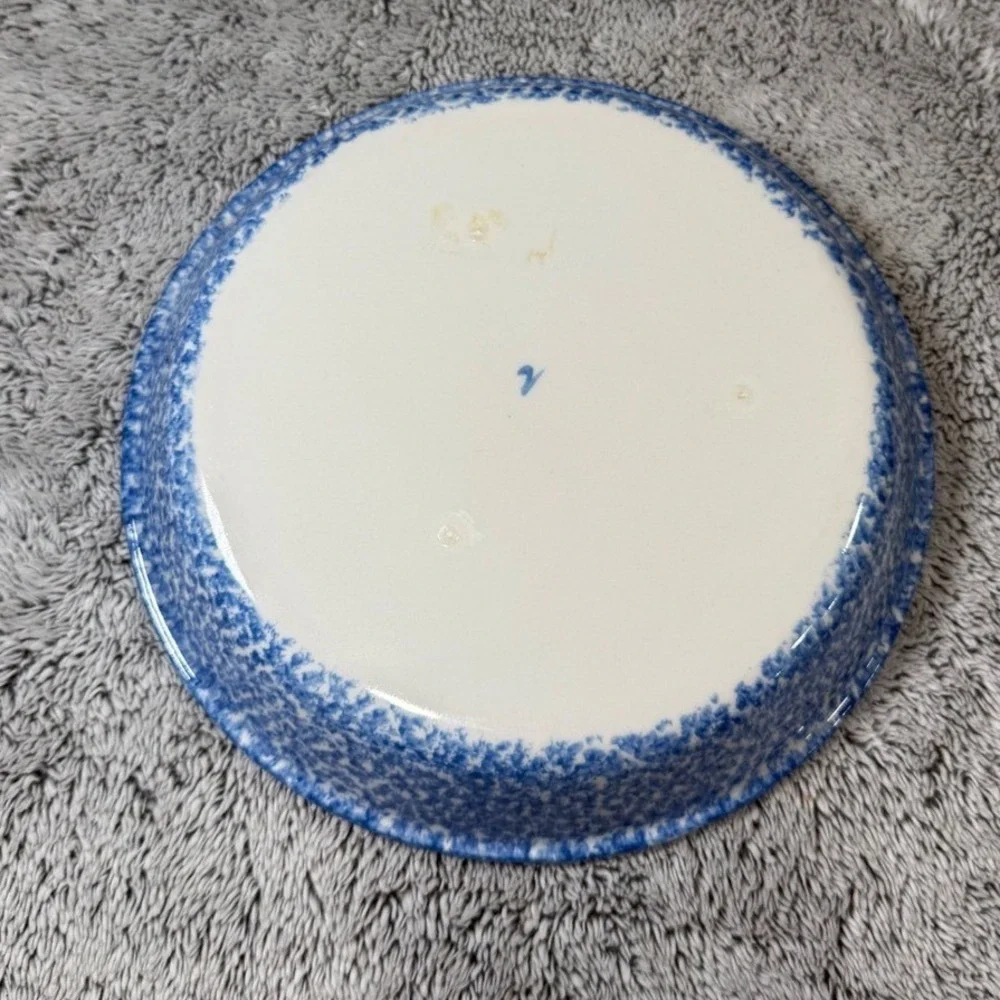 NS Gustin Co Vintage Blue Spongeware Goose Pie Dish Hand Decorated USA 10